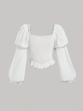 Sweetheart Neck Flare Sleeve Ruched Bust Frill Trim Blouse